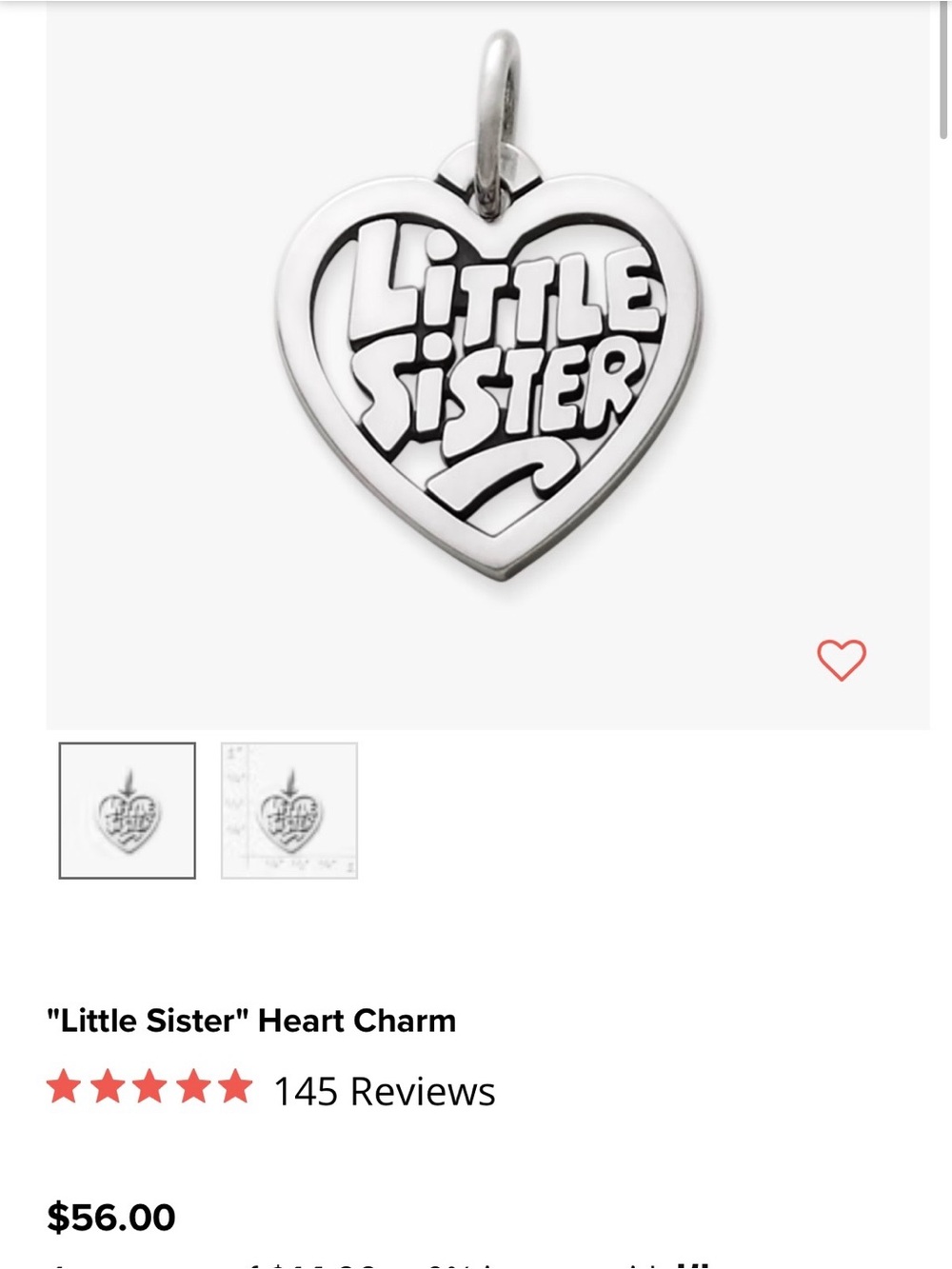 James Avery Silver "Little Sister" Heart Charm